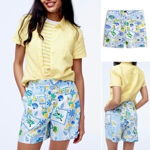 J. Crew Short Linen Blend Printed Pleated Elastic-Back Slant Pockets Lightweight